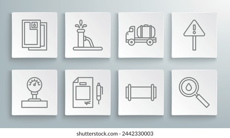 Set line Gauge scale, Oil pump or pump jack, Contract money and pen, Industry pipe, drop, Tanker truck, Exclamation mark in triangle and Barrel oil icon. Vector