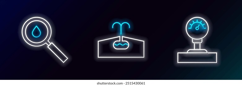 Set line Gauge scale, Oil drop and Oilfield icon. Glowing neon. Vector