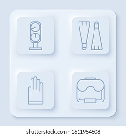 Set line Gauge scale, Rubber flippers for swimming, Gloves and Diving mask. White square button. Vector