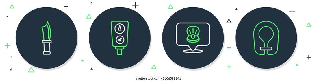 Set line Gauge scale, Scallop sea shell, Diving knife and Life jacket icon. Vector