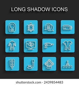 Set line Gauge scale, Snorkel, Life jacket, Aqualung, Floating buoy, Flippers for swimming, Wetsuit scuba diving and Fishing harpoon icon. Vector