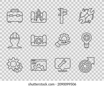 Set line Gear, and arrows as workflow process, Calliper caliper scale, Browser setting, Toolbox, Graphing paper gear, Location with wrench spanner and Light bulb icon. Vector