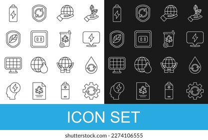 Set line Gear and arrows as workflow, Recycle clean aqua, Lightning bolt, Hand holding Earth globe, Electrical outlet, Shield with leaf, Battery and bin recycle icon. Vector