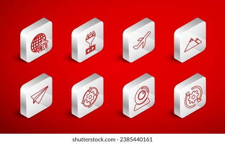 Set line Gear and arrows as workflow, Lead management, Plane, Mountains, Web camera, Globe with flying plane, Outsourcing concept and Paper icon. Vector