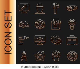 Set line Gear and arrows as workflow, Toolbox, Light bulb gear, Calliper caliper scale, Worker safety helmet, Location with wrench spanner and Document settings pen icon. Vector