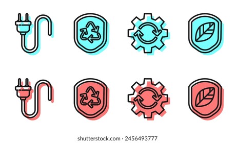 Ajuste la línea Engranaje y flechas como flujo de trabajo, enchufe eléctrico, símbolo de reciclaje dentro del escudo y escudo con icono de hoja. Vector