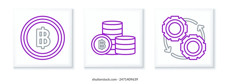 Establecer línea Gear y flechas como concepto de proceso de flujo de trabajo, criptomoneda Bitcoin e icono. Vector