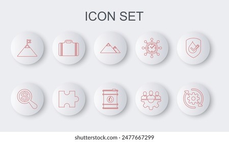 Set line Gear and arrows as workflow, Magnifying glass dollar, Mountains, Project team base, flag, Suitcase for travel, Piece of puzzle and Barrel oil icon. Vector