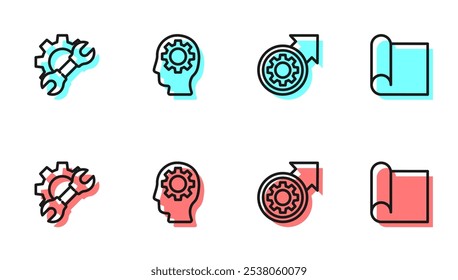 Establecer línea de engranajes y flechas como proceso de flujo de trabajo, engranaje de llave inglesa, cabeza humana con interior y papel gráfico para el icono de ingeniería. Vector