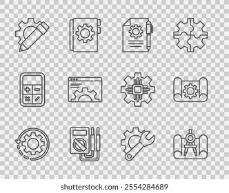 Set line Gear and arrows as workflow, Graphing paper compass, Document settings pen, Multimeter, Pencil gear, Browser, Wrench spanner and  icon. Vector