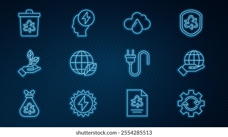 Set line Gear and arrows as workflow, Hand holding Earth globe, Cloud with rain, leaf, Plant hand, Recycle bin recycle, Electric plug and Head electric symbol icon. Vector