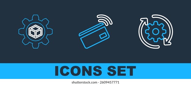 Set line Gear and arrows as workflow, Product development and Contactless payment icon. Vector