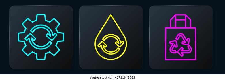Establecer línea de engranajes y flechas como flujo de trabajo, bolsa de papel con reciclar y reciclar agua limpia. Botón cuadrado negro. Vector