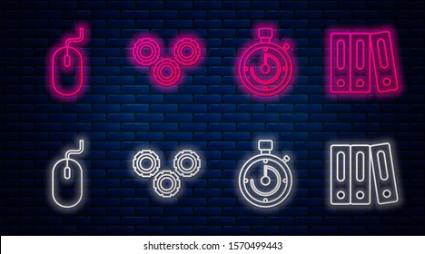 Set line Gear, Briefcase, Computer mouse and Office folders with papers and documents. Glowing neon icon on brick wall. Vector