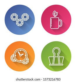 Set line Gear, Cup of tea and leaf, Time Management and Binder clip. Color circle button. Vector