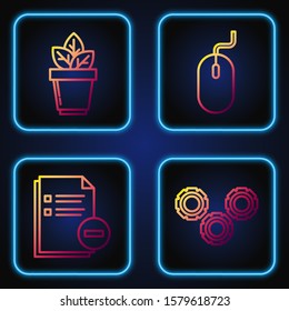 Set line Gear, Document with minus, Flowers in pot and Computer mouse. Gradient color icons. Vector