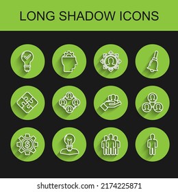 Set line Gear with dollar symbol, Human head lamp bulb, Light and check mark, Users group, of in business suit, Project team base,  and  icon. Vector