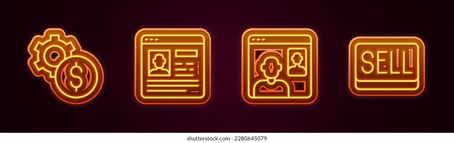 Set line Gear with dollar symbol, Resume, Video chat conference and Sell button. Glowing neon icon. Vector