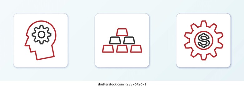 Set line Gear with dollar symbol, Human head gear inside and Gold bars icon. Vector