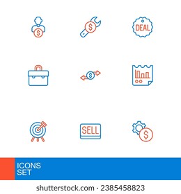 Set line Gear with dollar symbol, Sell button, Target financial goal, Document graph chart, Briefcase, Money exchange, Deal and Repair price icon. Vector