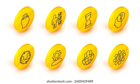 Set line Gear with dollar symbol, Globe and people, Human gear inside, resources, head question mark, Old hourglass flowing sand, User of business suit and Project team base icon. Vector