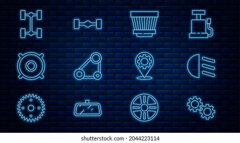 Fijar el engranaje de línea, el haz de carretera, el filtro de aire del coche, el kit de correa de tiempo, el altavoz de audio, el coche del chasis, el servicio y el icono. Vector