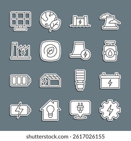 Set line Gear and lightning, Car battery, Propane gas tank, Hydroelectric dam, Location with leaf, Nuclear power plant, Solar energy panel and  icon. Vector