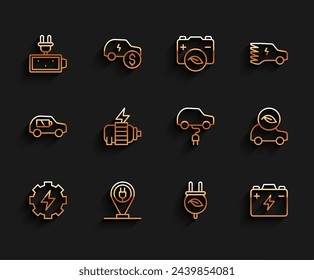 Juego de línea Engranaje y relámpago, Cargando coche eléctrico de estacionamiento, Carga de batería, Hoja de enchufe de ahorro eléctrico, Batería de coche, motor, Eco e icono. Vector