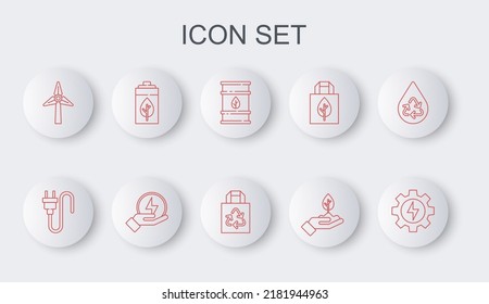 Set line Gear and lightning, Electric plug, Bio fuel barrel, Plant hand, Wind turbine, Eco nature leaf battery, Lightning bolt and Paper bag with recycle icon. Vector