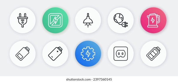 Set line Gear and lightning, Electric kettle, Battery charge, Electrical outlet, Global energy planet with plug, Lamp hanging,  and  icon. Vector