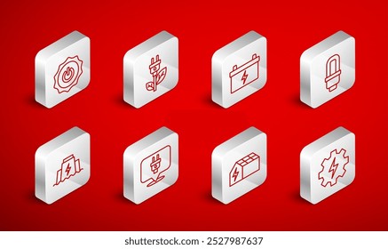 Set line Gear and lightning, Electric saving plug leaf, Car battery, LED bulb, Solar energy panel, Power button,  and Hydroelectric dam icon. Vector