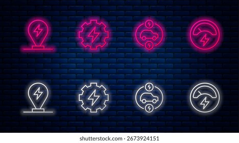 Set línea de engranajes y relámpagos, coche eléctrico, estacionamiento de carga y voltímetro eléctrico. Icono de neón brillante en la pared de ladrillo. Vector