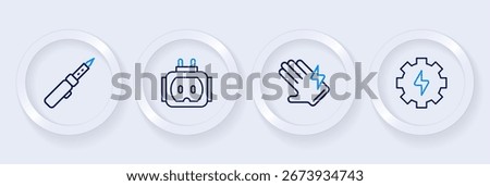 Set line Gear and lightning, Electric glove, Tee plug electric and Soldering iron icon. Vector