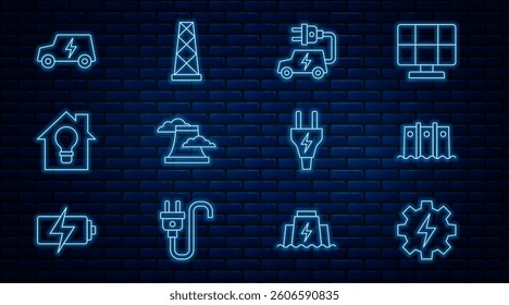 Set line Gear and lightning, Hydroelectric dam, Electric car, Nuclear power plant, Smart house bulb, plug and Antenna icon. Vector