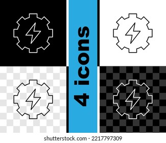 Set line Gear and lightning icon isolated on black and white, transparent background. Electric power. Lightning bolt sign.  Vector