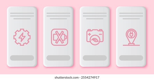 Set line Gear and lightning, Low battery, Eco nature leaf and Charging parking electric car. White rectangle button. Vector