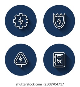 Definir linha Engrenagem e relâmpago, Escudo de relâmpago, Alta tensão e painel elétrico com sombra longa. Botão de círculo azul. Vetor