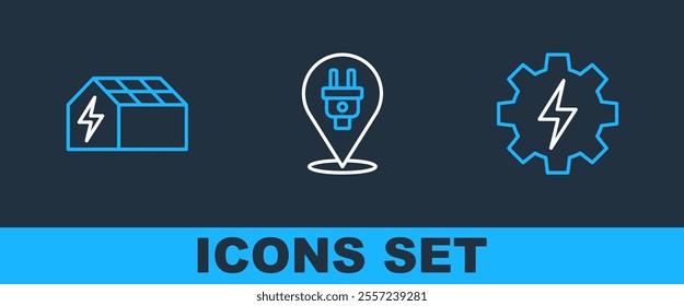 Set line Gear and lightning, Solar energy panel and Electric plug icon. Vector