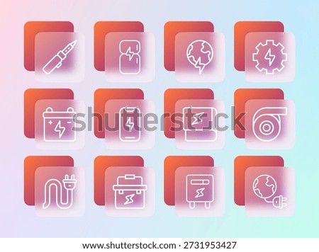Set line Gear and lightning, Toolbox electrician, Book about electricity, Electric meter, Mobile phone, Global planet with thunderbolt, Soldering iron and Refrigerator icon. Vector