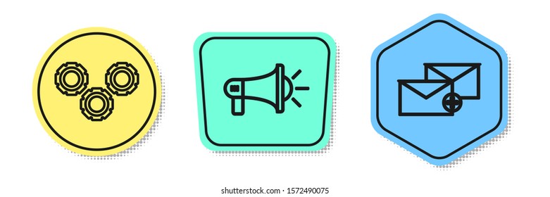 Set line Gear, Megaphone and Envelope. Colored shapes. Vector