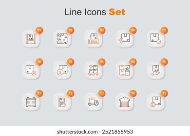 Set line Gear with package box, Warehouse, Delivery cargo truck, Waybill, Container, hand, boxes and Cardboard pallet icon. Vector