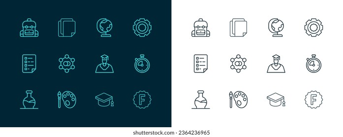 Set line Gear, Paint brush with palette, Graduate and graduation cap, Graduation, Molecule, Earth globe, School backpack and File document icon. Vector