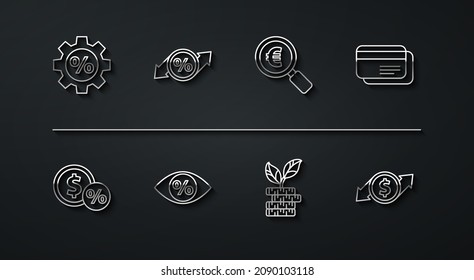 Set line Gear with percent, Money coin, Credit card, Dollar plant, Eye, Discount tag, Financial growth and dollar and Magnifying glass euro icon. Vector