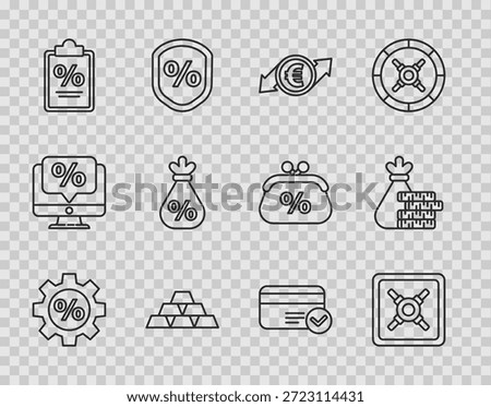 Set line Gear with percent, Safe, Financial growth and euro coin, Gold bars, Finance document, Money bag, Credit card and  icon. Vector
