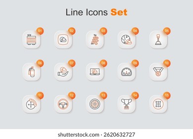 Set line Gear shifter, Award cup, Stopwatch, Racing steering wheel, Car brake disk with caliper, Medal, Speedometer and helmet icon. Vector