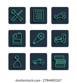 Set line Gear shifter, Broken car, Car tire wheel, Auto service check automotive, Timing belt kit, Canister for motor machine oil, Screwdriver and wrench spanner and transporter truck icon. Vector