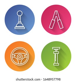 Set line Gear shifter, Car battery jumper power cable, Steering wheel and Car air pump. Color circle button. Vector