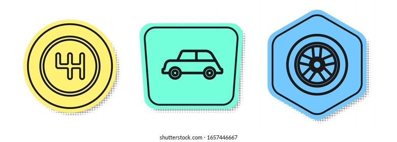 Set line Gear shifter, Car and Car wheel. Colored shapes. Vector