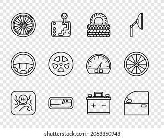 Set line Gear shifter, Car door, tire, handle, wheel, battery and  icon. Vector