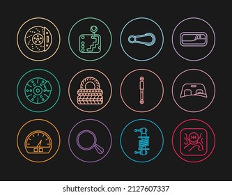 Set line Gear shifter, Car windscreen, door handle, tire, brake disk with caliper, Shock absorber and icon. Vector
